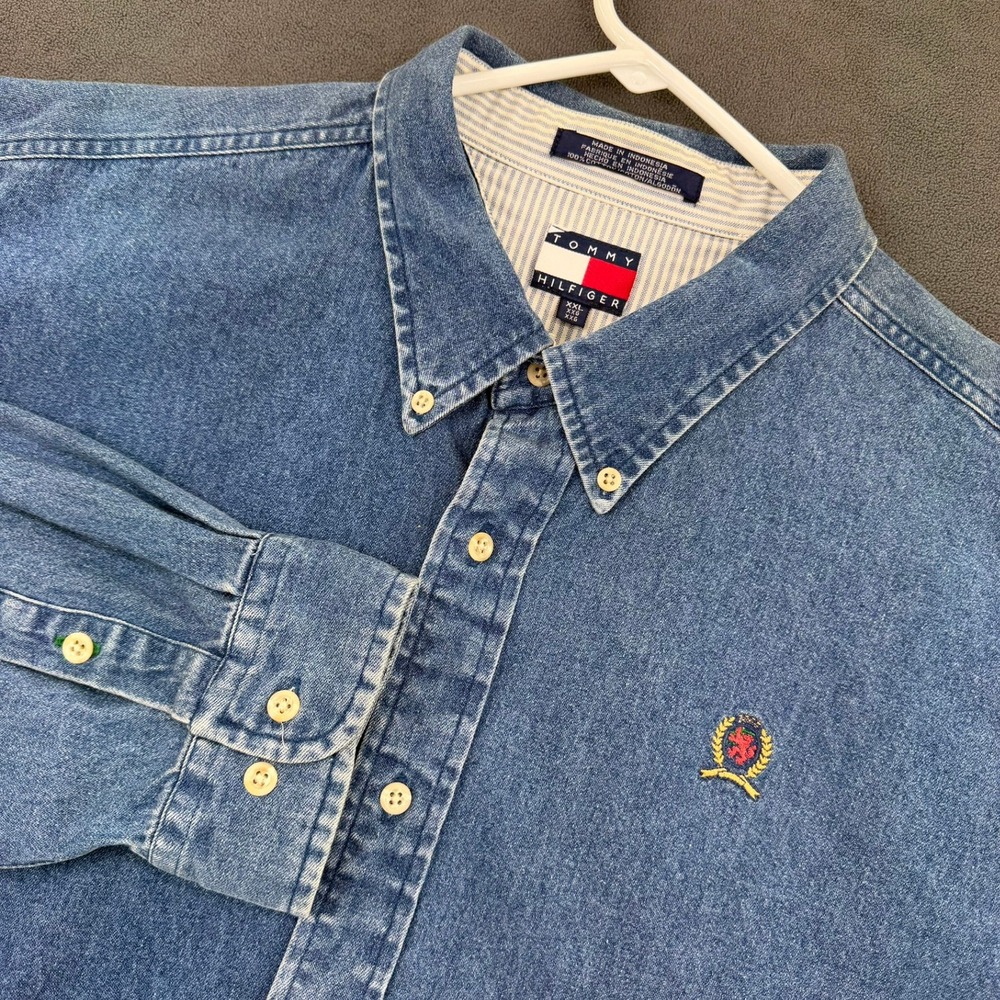 Vtg 90s Tommy Hilfiger Denim Shirt XXL Lion Crest Logo Medium Wash Button Down